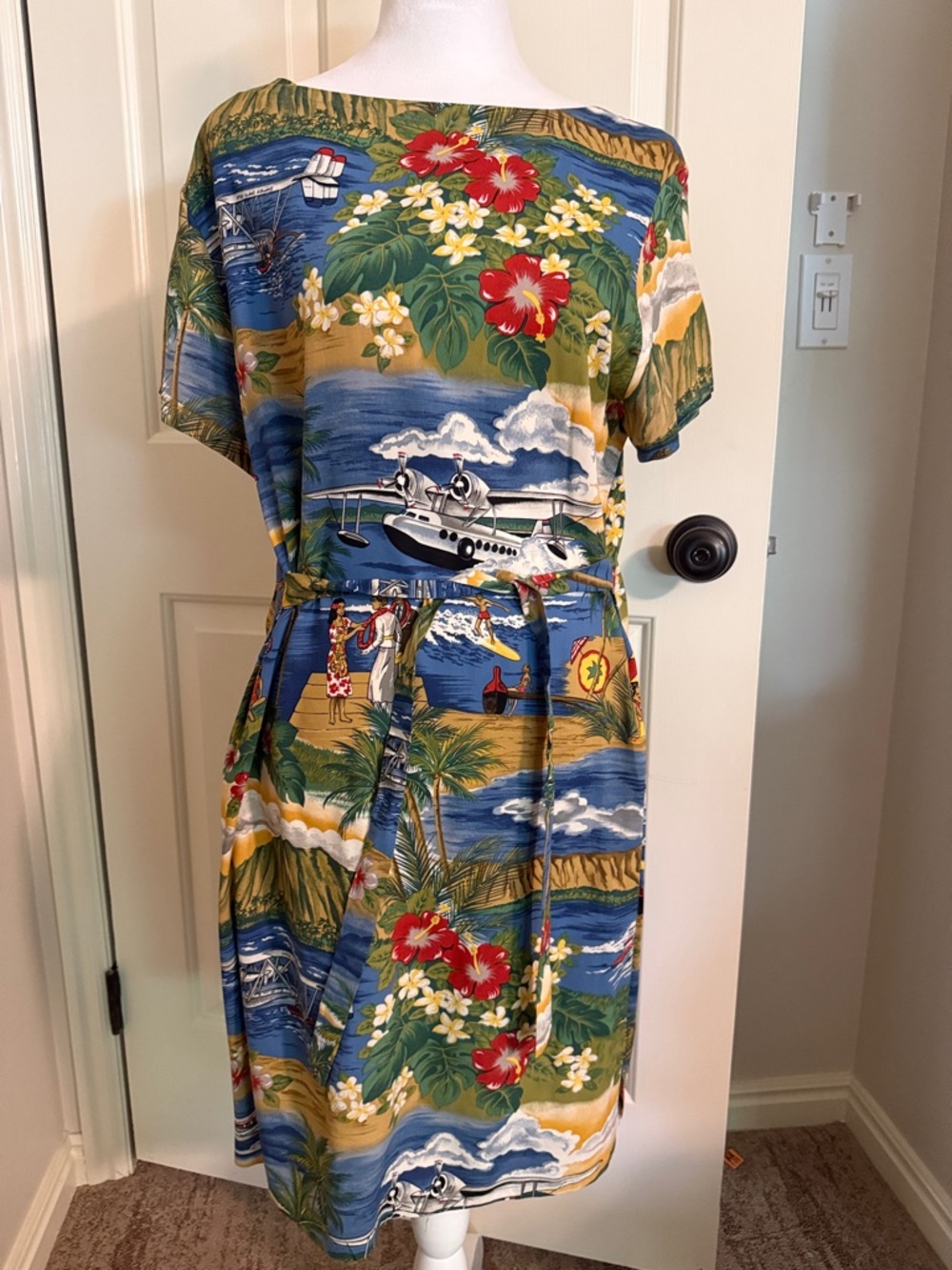Tropical Floral Hawaiian Print Belted Dress - Blue & Green Pop